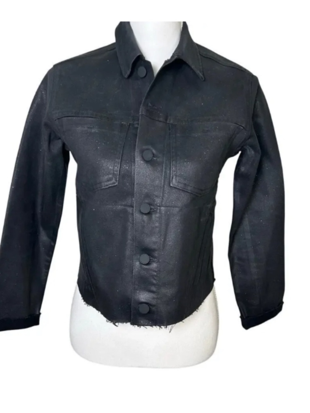 L'Agence Janelle slim fit, raw hem, silver speckles, coated denim jacket, S/P